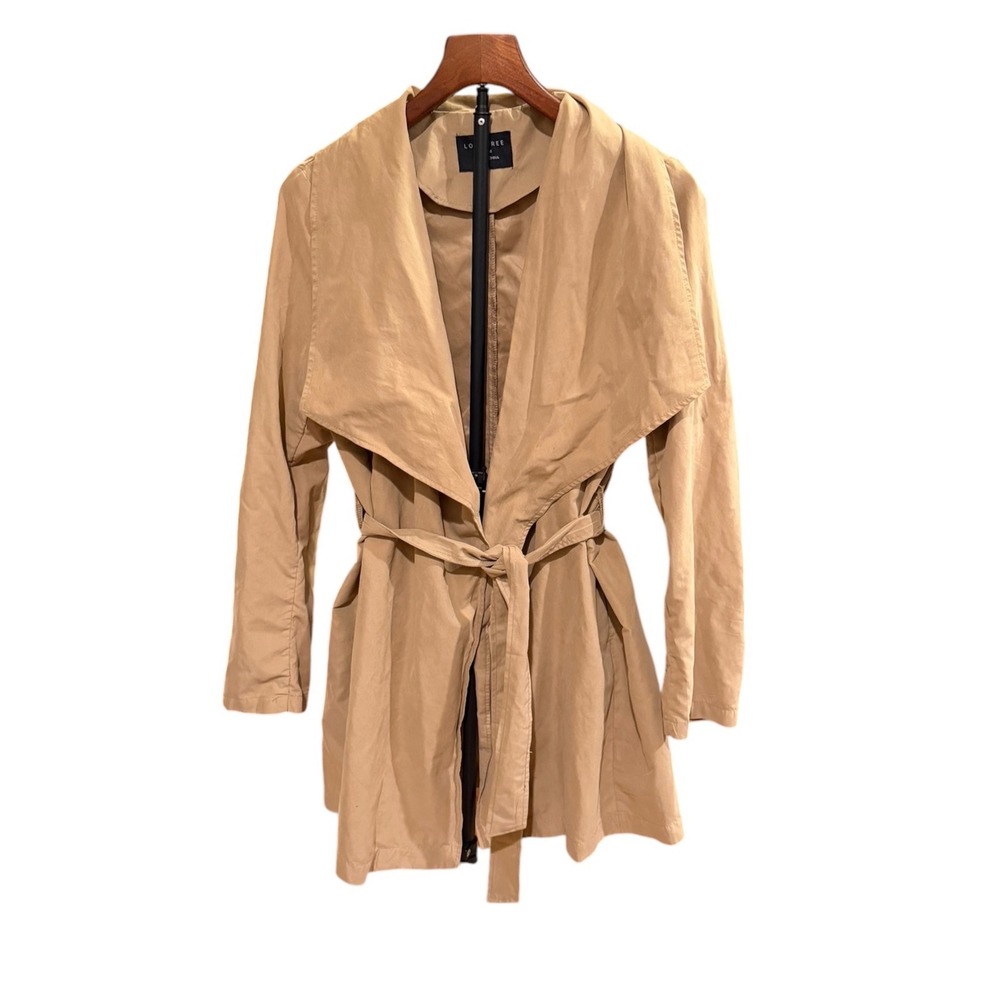 Modern Minimalist Love Tree Tan Draped Waterfall Collar Belted Trench Jacket M